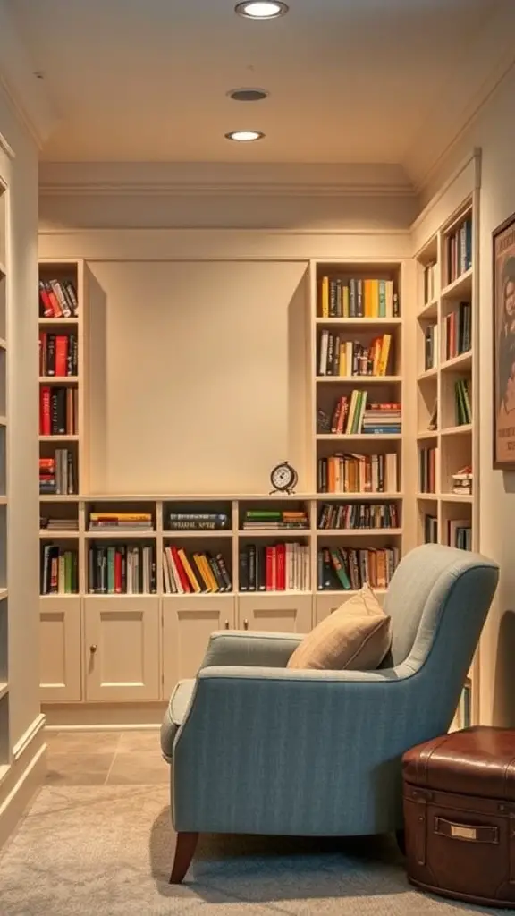 Cozy reading corner with a comfortable chair and bookshelves filled with books