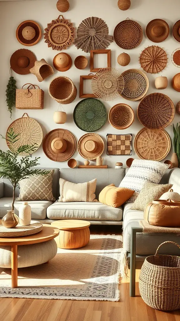A cozy boho living room featuring a wall decorated with various woven baskets, showcasing a warm and inviting atmosphere.