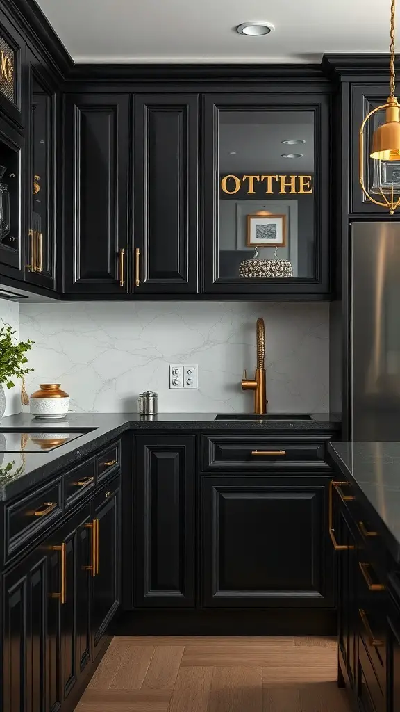 27+ Stunning Kitchen Color Palette Ideas for Your Home Makeover 2 A modern kitchen featuring black cabinets and gold accents.