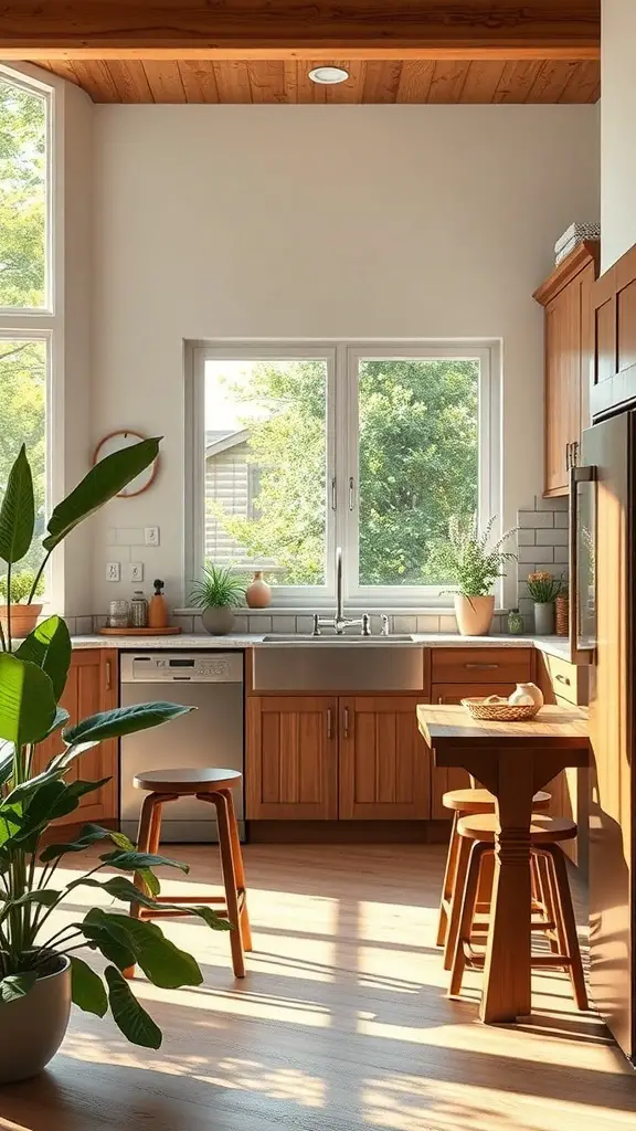 A bright kitchen with wooden cabinets, large windows, and green plants, blending indoor and outdoor elements.