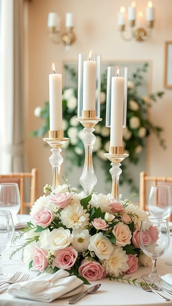 23+ Stunning Dining Table Centerpiece Ideas 13 A dining table centerpiece featuring tall candlestick holders with white candles surrounded by a floral arrangement of pink roses and white daisies.
