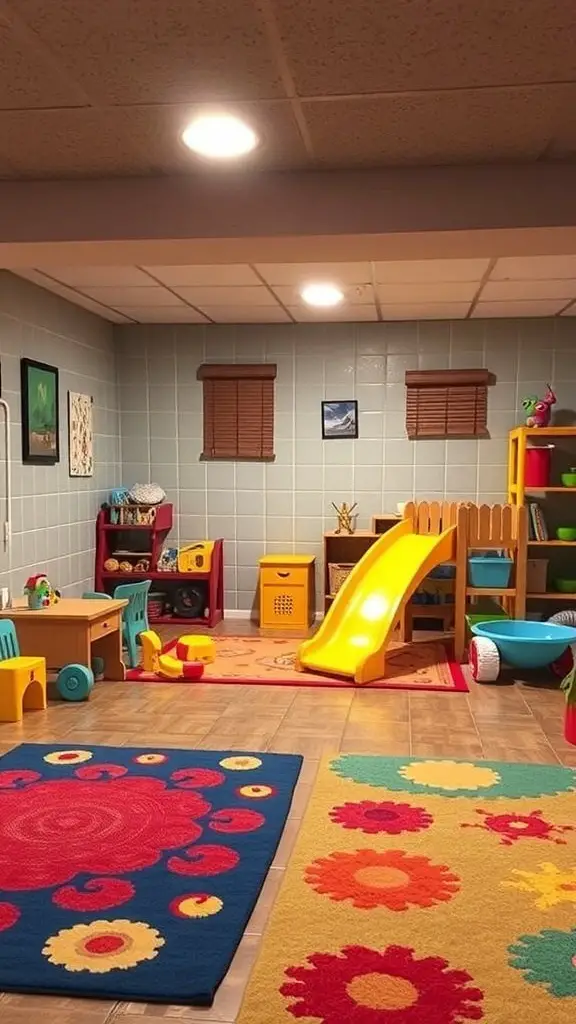 A colorful basement children's play area with a slide, toys, and rugs.