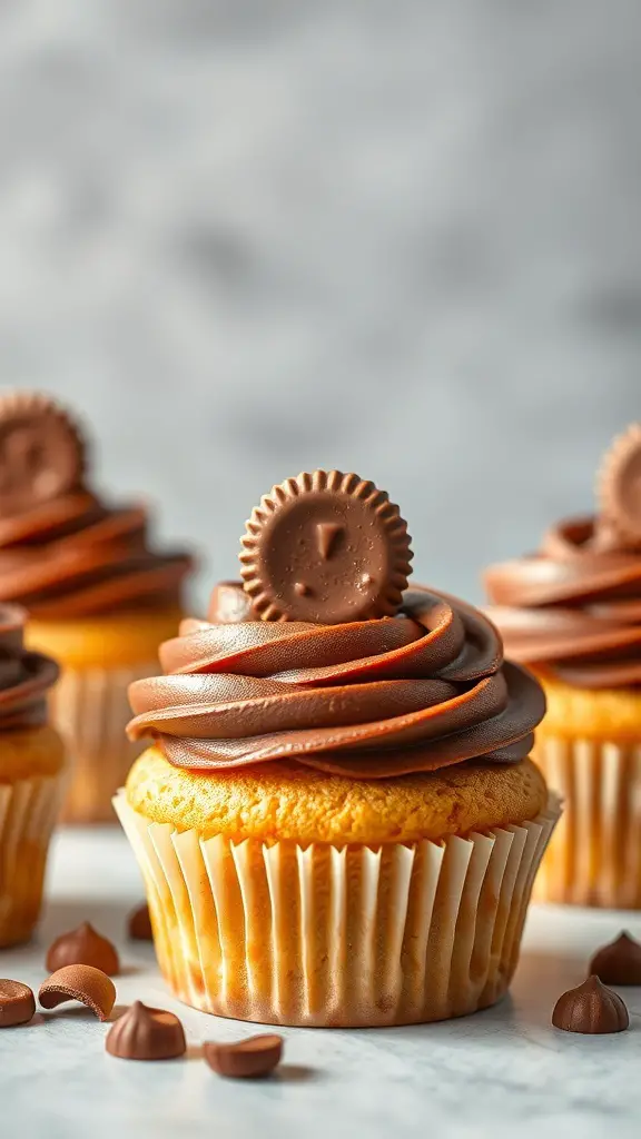 Peanut butter cupcakes with chocolate frosting topped with mini peanut butter cups