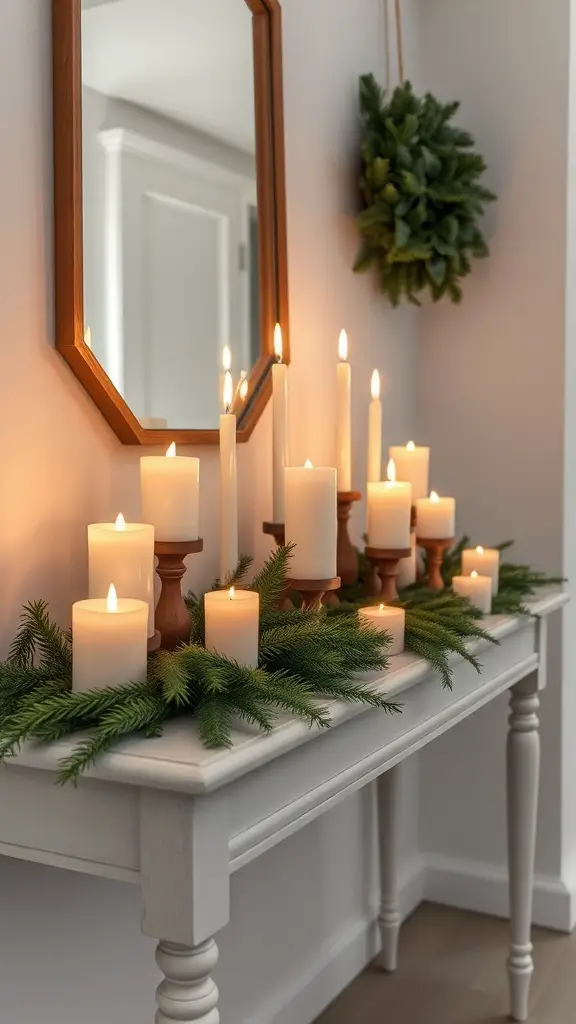 29+ Stunning Christmas Console Table Decor Ideas 7 A cozy candle arrangement on a console table with white candles and greenery.