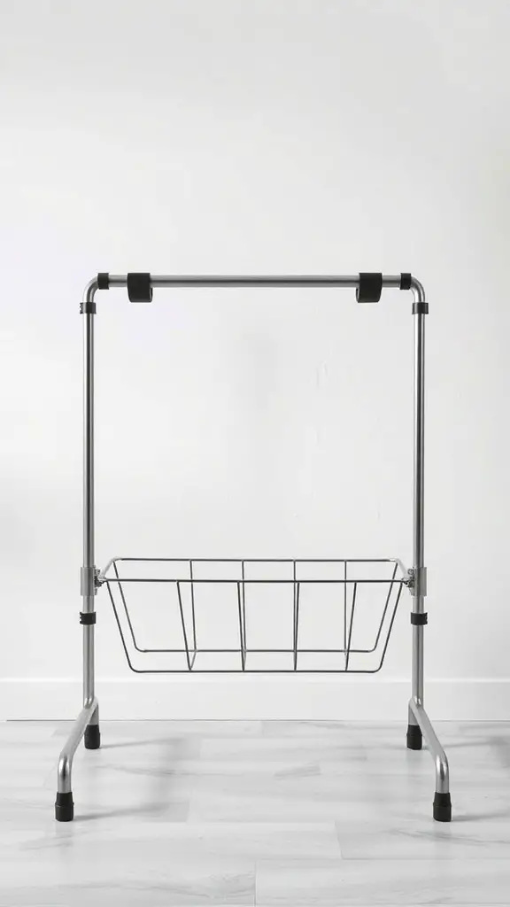 A foldable tote rack with a metal frame and wire basket.