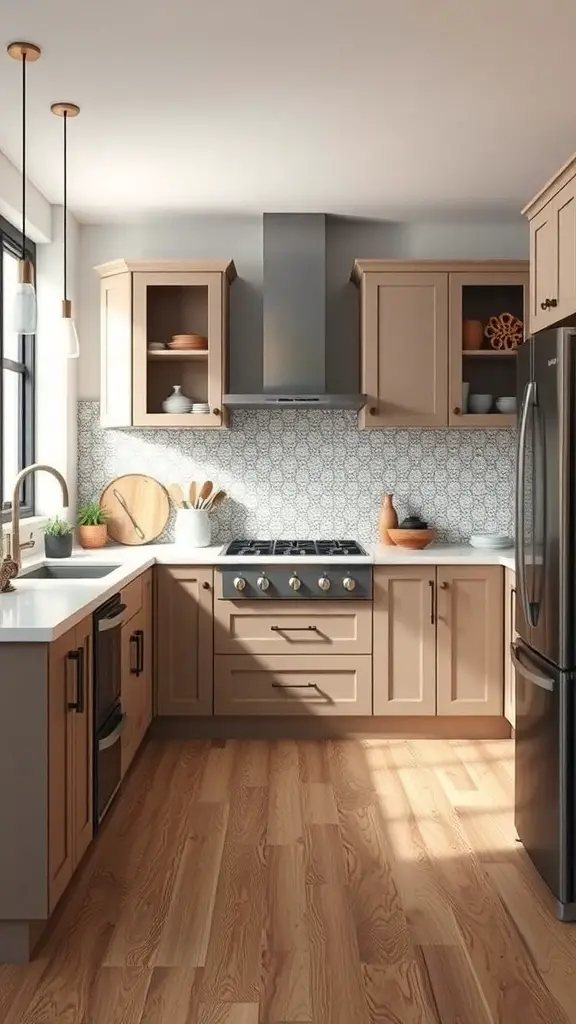 A modern kitchen featuring taupe cabinets, white countertops, and a patterned backsplash.