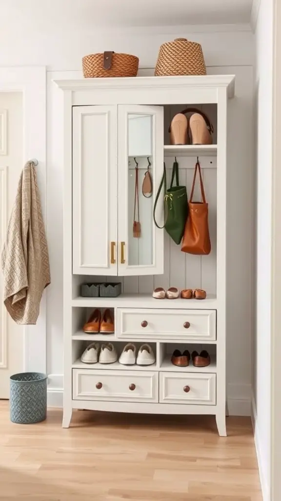 A stylish shoe cabinet with additional storage, featuring shelves, drawers, and woven baskets.