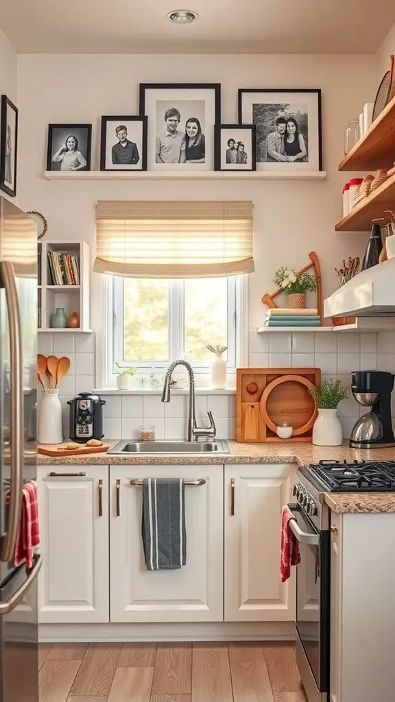 A cozy kitchenette featuring personalized decor with family photos, plants, and colorful textiles.