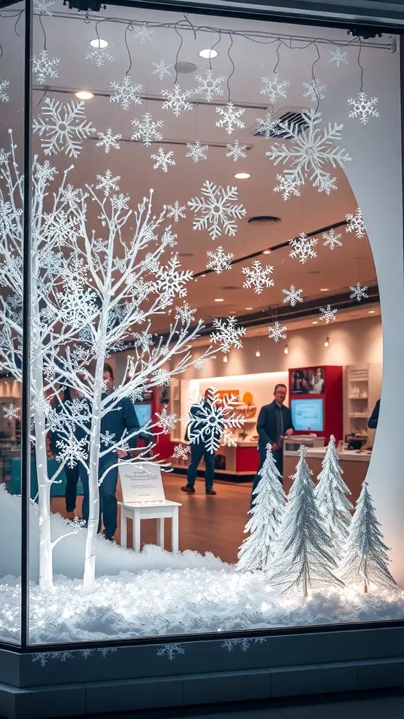 25+ Festive Christmas Store Displays to Inspire Your Retail Space 3 Winter wonderland store display with white trees and snowflakes