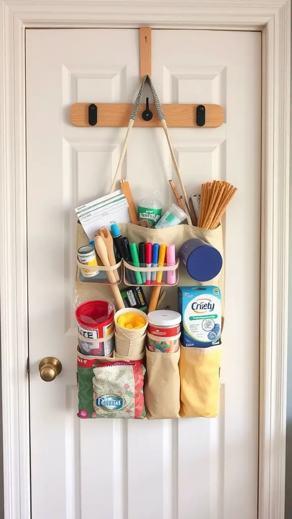 A hanging tote organizer filled with various supplies, hanging on a door.