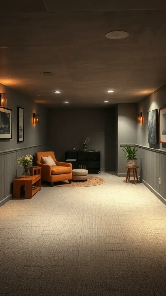 A cozy basement with warm gray walls, an orange chair, and wooden furniture.