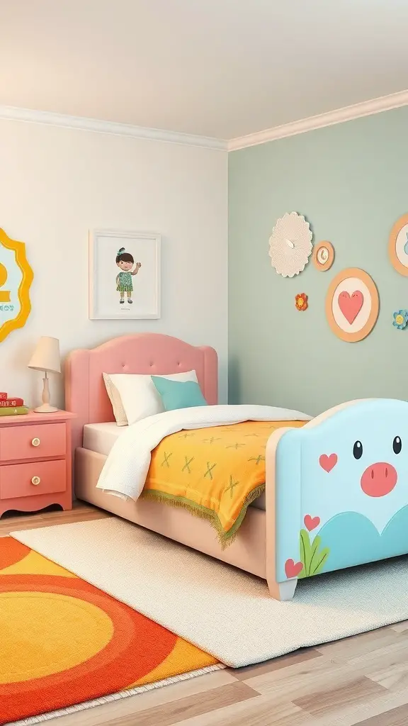 29+ Stunning Upholstered Beds for a Cozy Bedroom Makeover 14 A colorful kids' room featuring an upholstered bed with a pig design, bright decor, and playful elements.