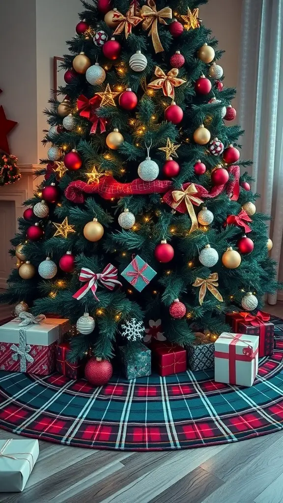 25+ Festive Tartan Plaid Christmas Tree Ornaments and Decorations 2 A beautifully decorated Christmas tree with a tartan plaid tree skirt and wrapped gifts underneath.