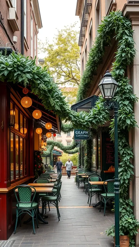 25+ Festive Cafe Christmas Decoration Ideas 3 A charming cafe street decorated with hanging greenery and garlands for Christmas.