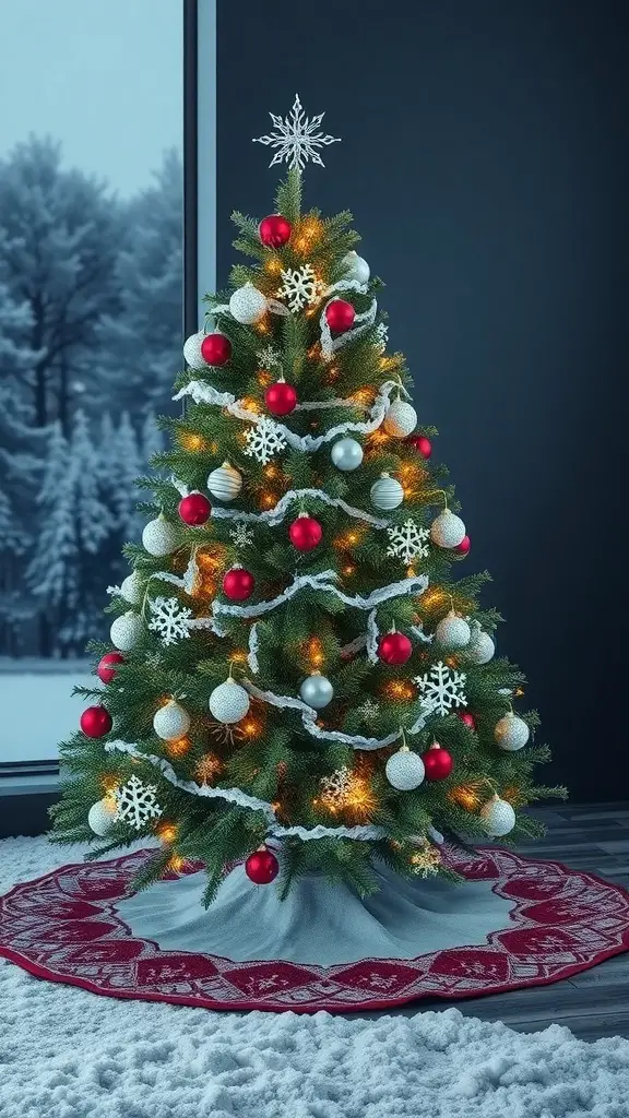 25+ Stunning Icicle Christmas Tree Ideas to Transform Your Holiday Decor 13 A beautifully decorated icicle Christmas tree with a red skirt and snowy background.