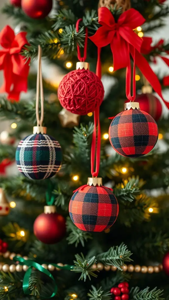 25+ Festive Tartan Plaid Christmas Tree Ornaments and Decorations 4 A close-up of tartan plaid ornaments hanging on a Christmas tree, featuring red and green patterns.