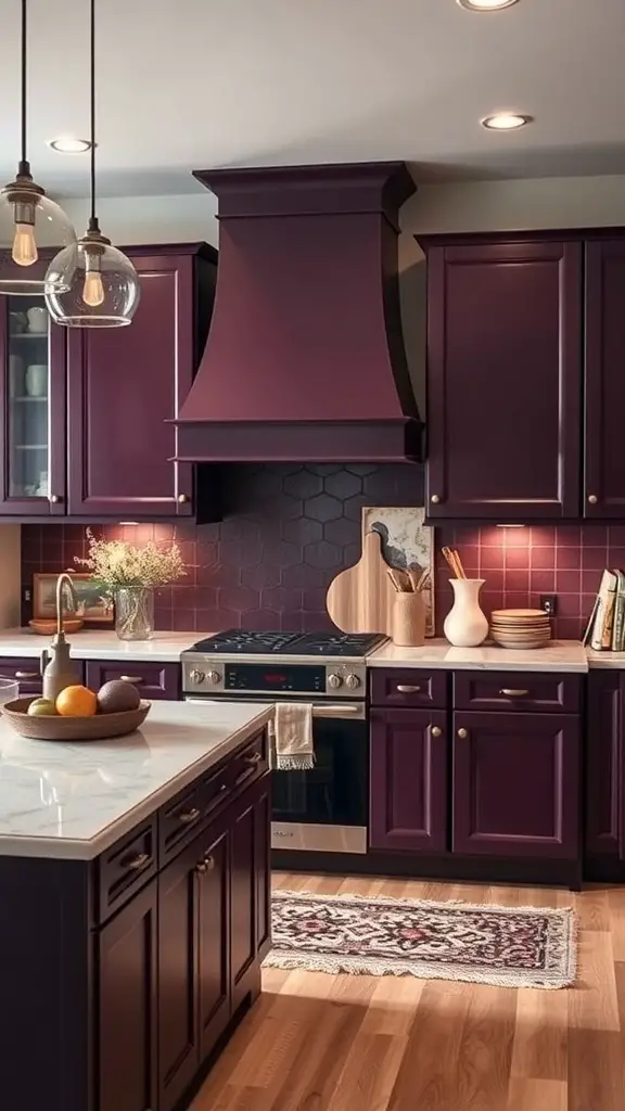 25+ Gorgeous Kitchen Cabinet Colors to Transform Your Space 16 A kitchen featuring deep plum cabinets and backsplash, with a light countertop and warm lighting.