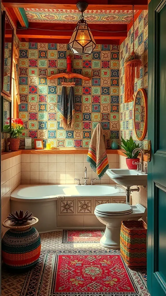 A colorful boho bathroom featuring vibrant tiles, decorative rugs, and plants.