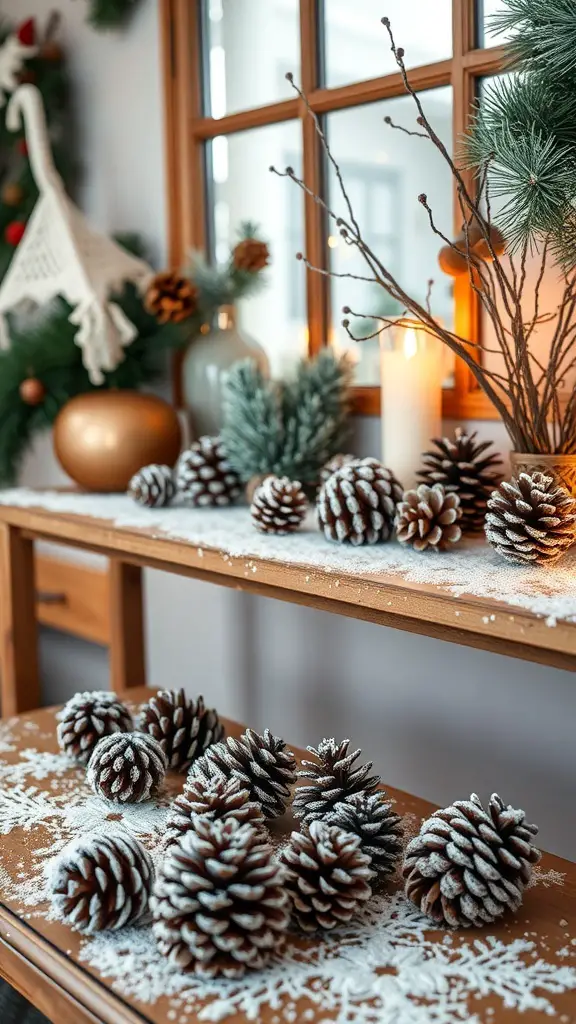 29+ Stunning Christmas Console Table Decor Ideas 11 A console table decorated with frosted pinecones, greenery, and candles, creating a cozy Christmas atmosphere.
