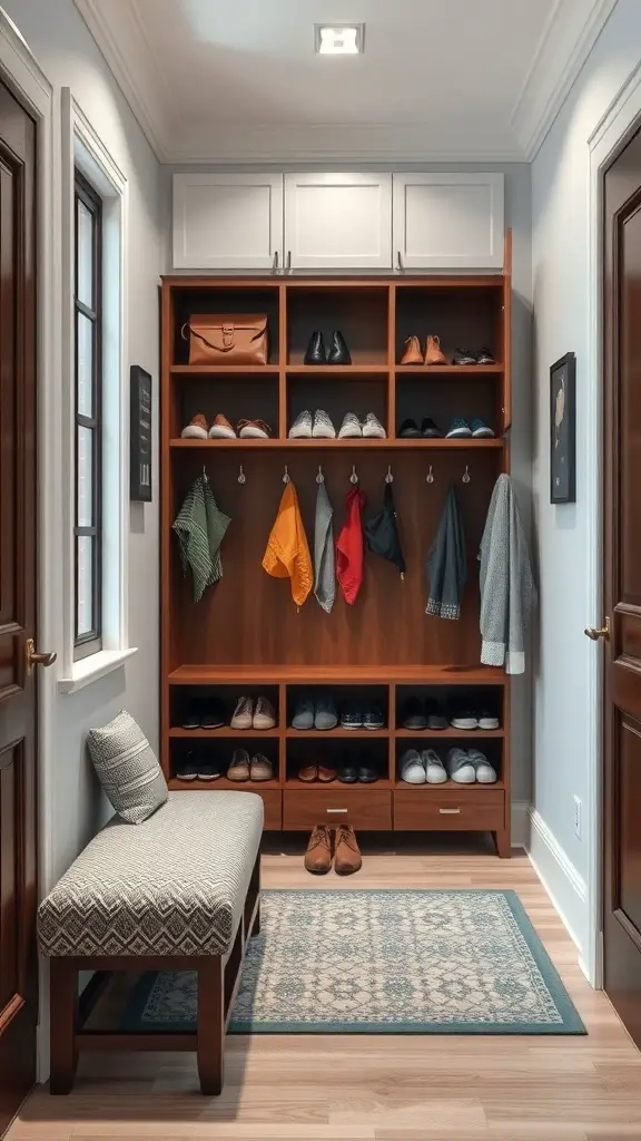 A stylish shoe cabinet with built-in seating in an entryway.