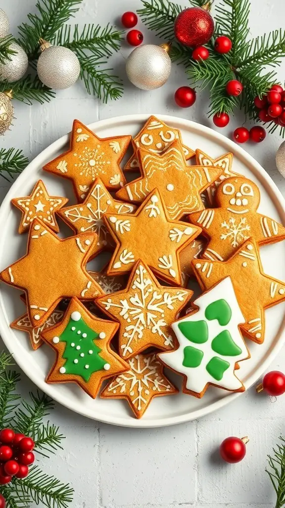 A plate of beautifully decorated gingerbread cookies in festive shapes, surrounded by Christmas decorations.