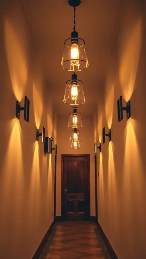 A well-lit hallway featuring pendant lights and wall sconces.