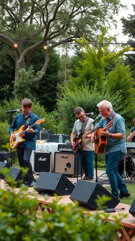 25+ Dreamy Garden Party Wedding Ideas for a Magical Celebration 16 A band performing at a garden party wedding with lush greenery and string lights.