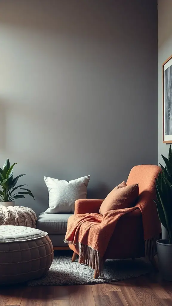 A cozy office corner featuring an orange chair with a blanket, a gray sofa, a round pouf, and green plants.