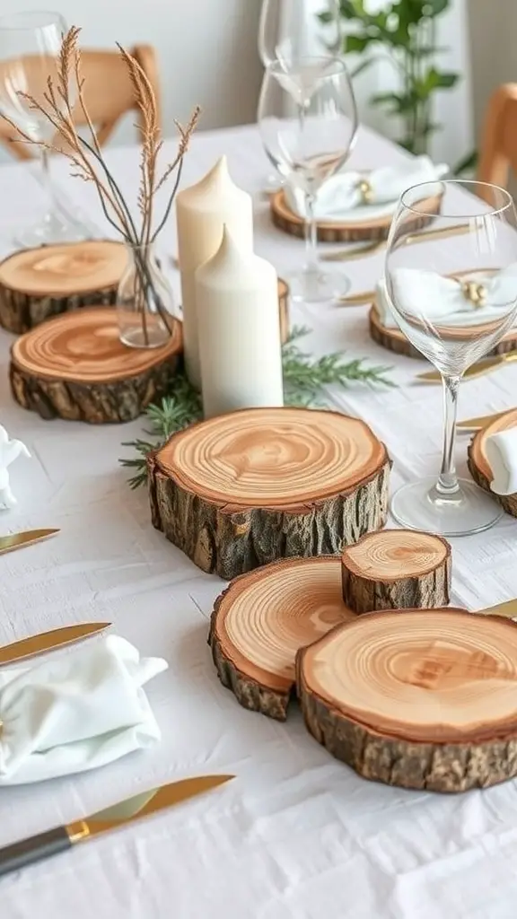 23+ Unique Boho Baby Shower Ideas You’ll Love 5 A beautifully set table featuring natural wood elements, including wooden slices, candles, and glassware.