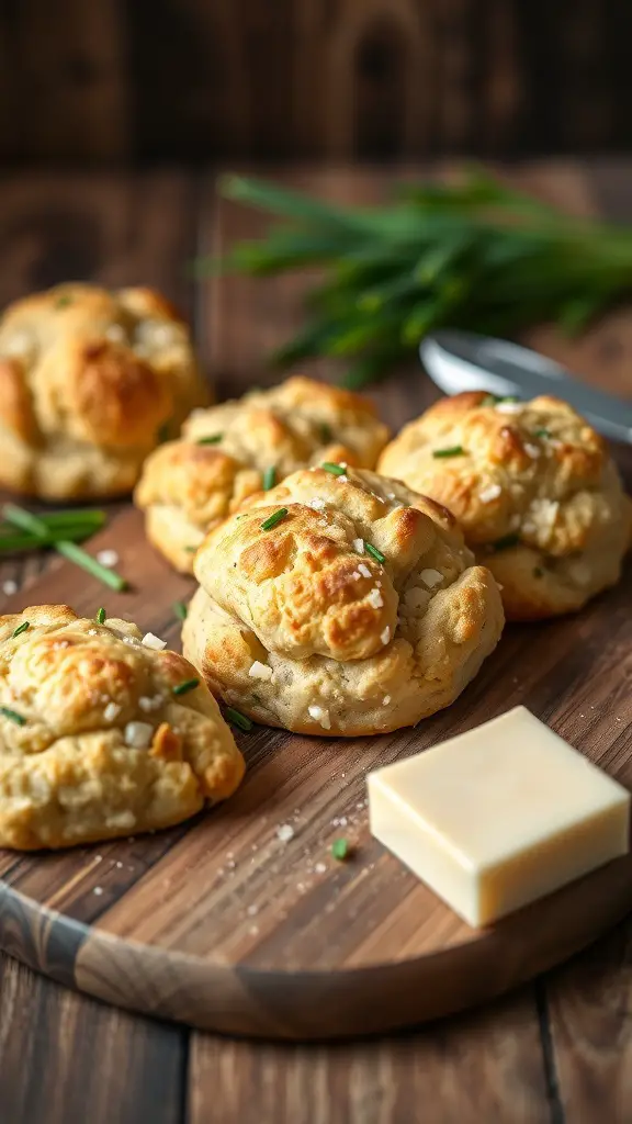 29+ Festive Christmas Brunch Buffet Ideas 14 Savory scones with cheese and chives on a wooden board with butter