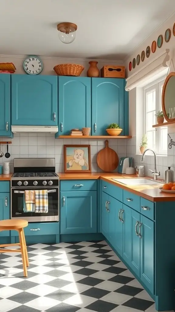29+ Stunning Ideas for Blue Kitchen Cabinets 13 A vintage-style kitchen featuring blue cabinets, wooden countertops, and a checkerboard floor.