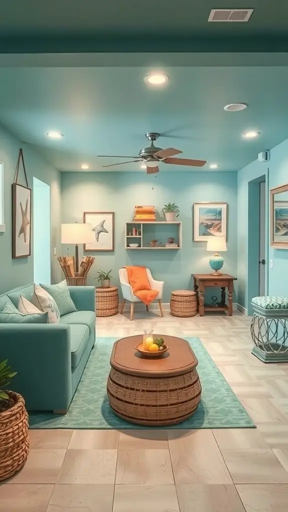 A cozy basement room painted in ocean teal with wicker furniture and bright accents.