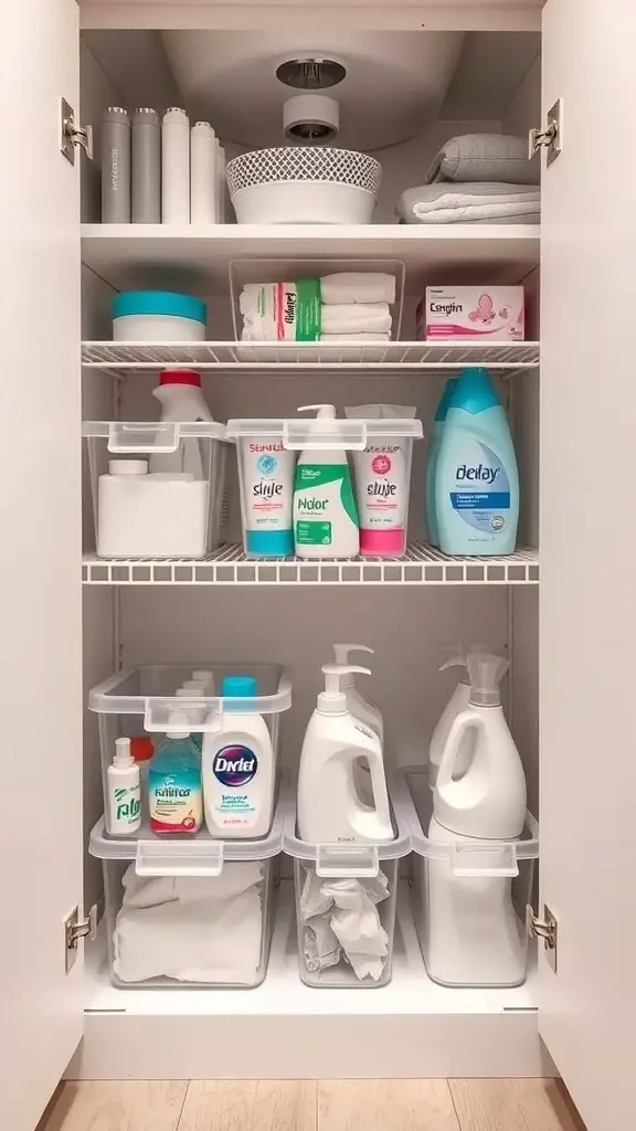 25+ Creative Ways to Store Your Feminine Hygiene Products 7 Organized under-sink storage with cleaning supplies and towels