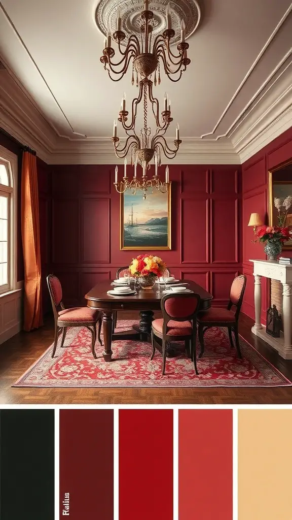 Elegant dining room with deep red walls, wooden furniture, and a chandelier.