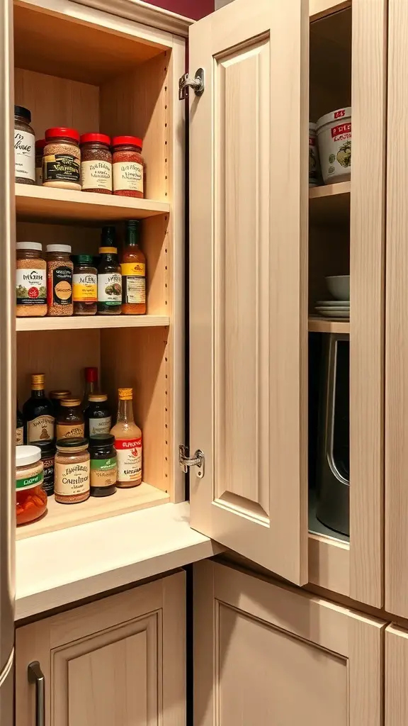 Corner kitchen cabinet with pull-out shelves displaying various spices and sauces.