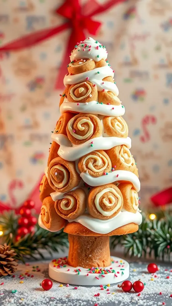 23+ Delightful Christmas Sweet Ideas You Must Try This Holiday Season 15 A festive cinnamon roll Christmas tree decorated with icing and sprinkles.