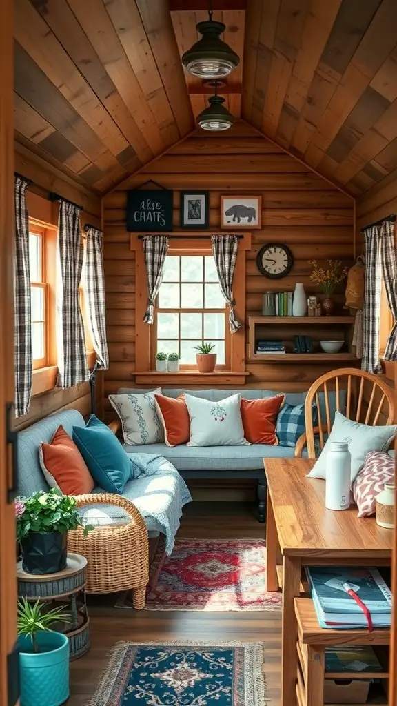 Interior of a cozy tiny cabin with wooden walls, colorful pillows, and personal decor.