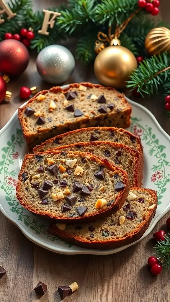 Sliced chocolate chip banana bread with nuts on a decorative plate surrounded by Christmas ornaments and greenery.
