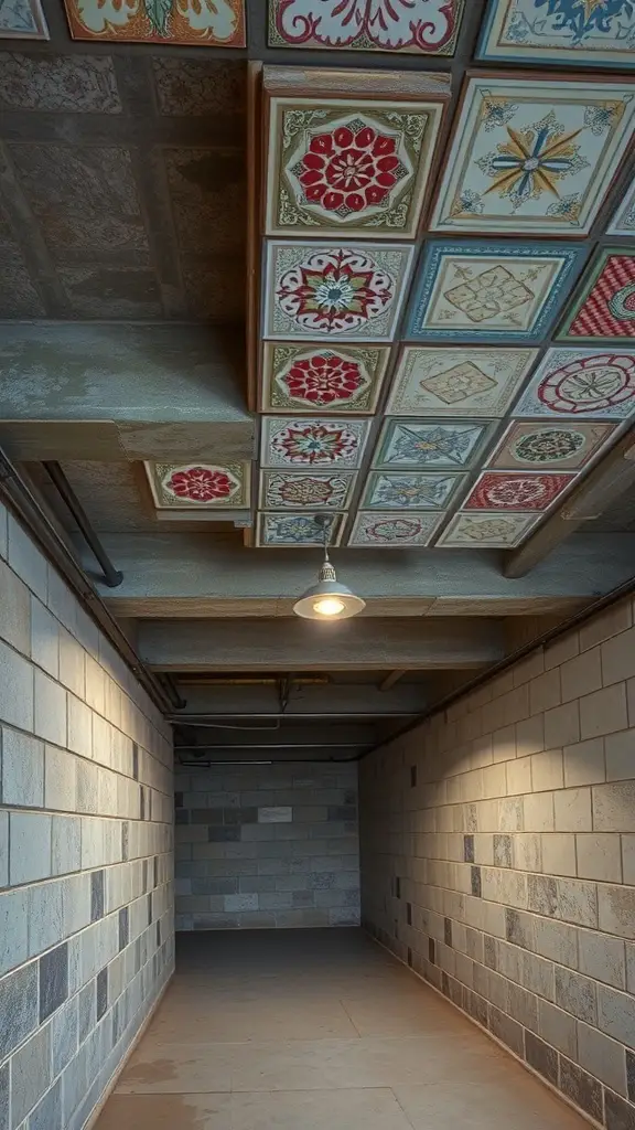 A hallway with an exposed ceiling featuring decorative tiles in vibrant colors and intricate patterns.