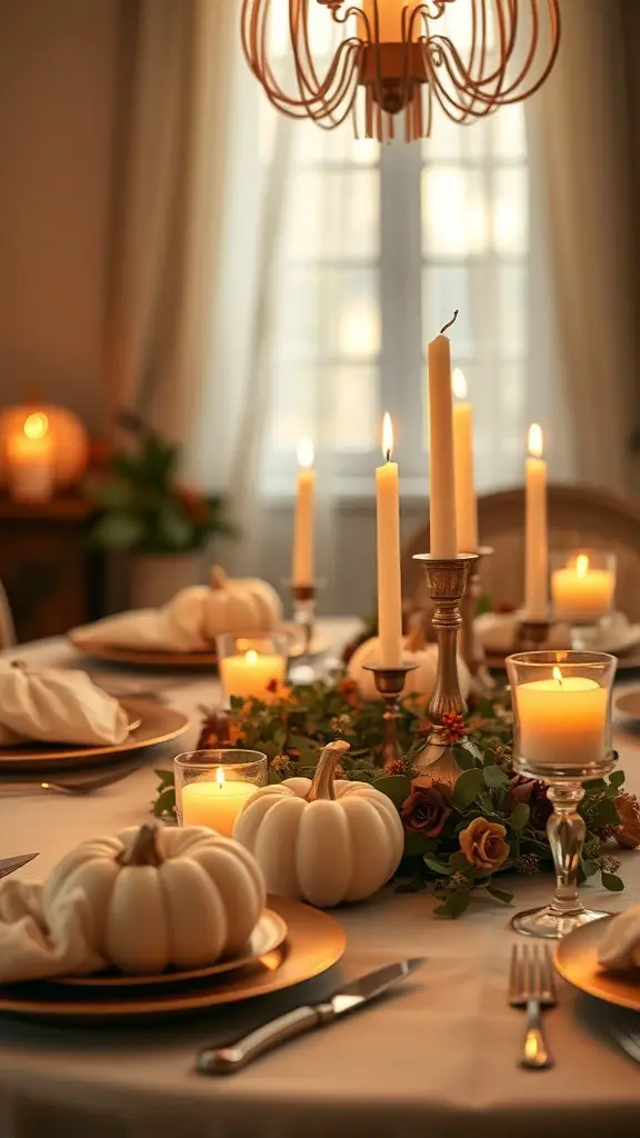 25+ Stunning Thanksgiving Table Settings to Elevate Your Holiday Feast 3 A cozy Thanksgiving table setting with white pumpkins and candles
