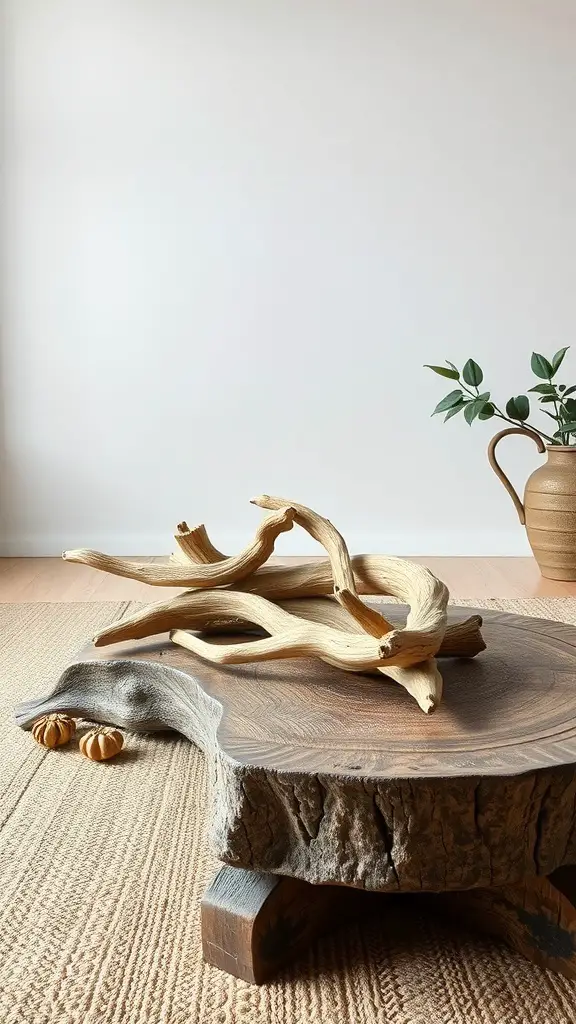 A rustic coffee table with driftwood and small decorative pumpkins.