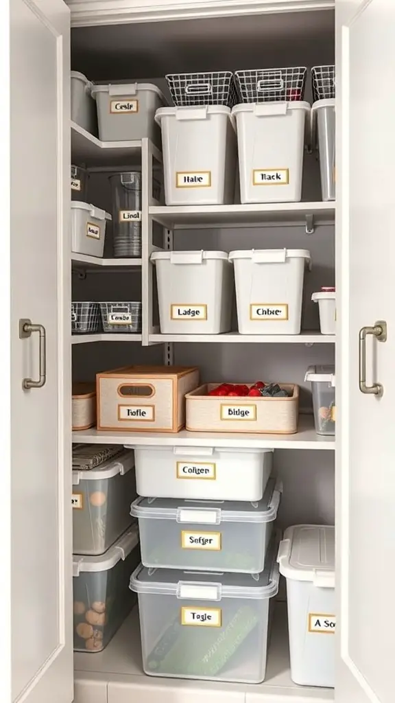 Organized corner kitchen cabinet with labeled bins and baskets