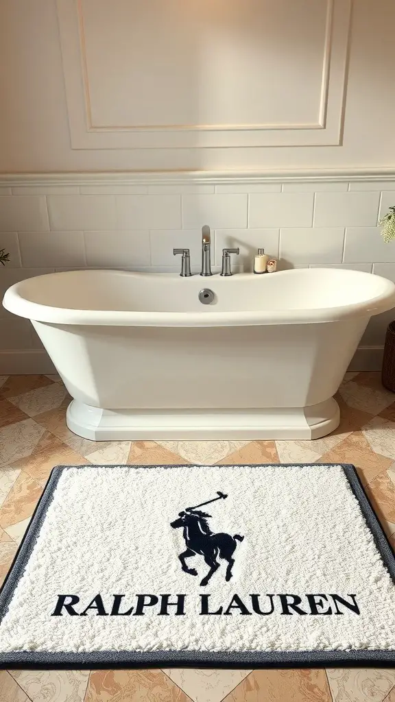 A Ralph Lauren bath mat in front of a freestanding bathtub