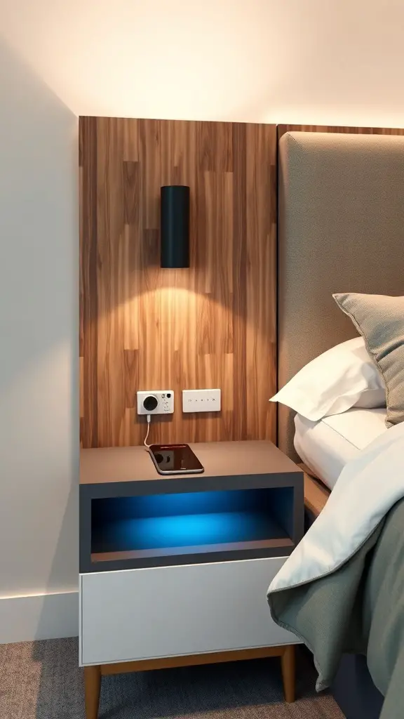 27+ Creative Bedside Table Ideas to Transform Your Bedroom 14 A modern bedside table featuring smart technology integration with charging ports and ambient lighting.