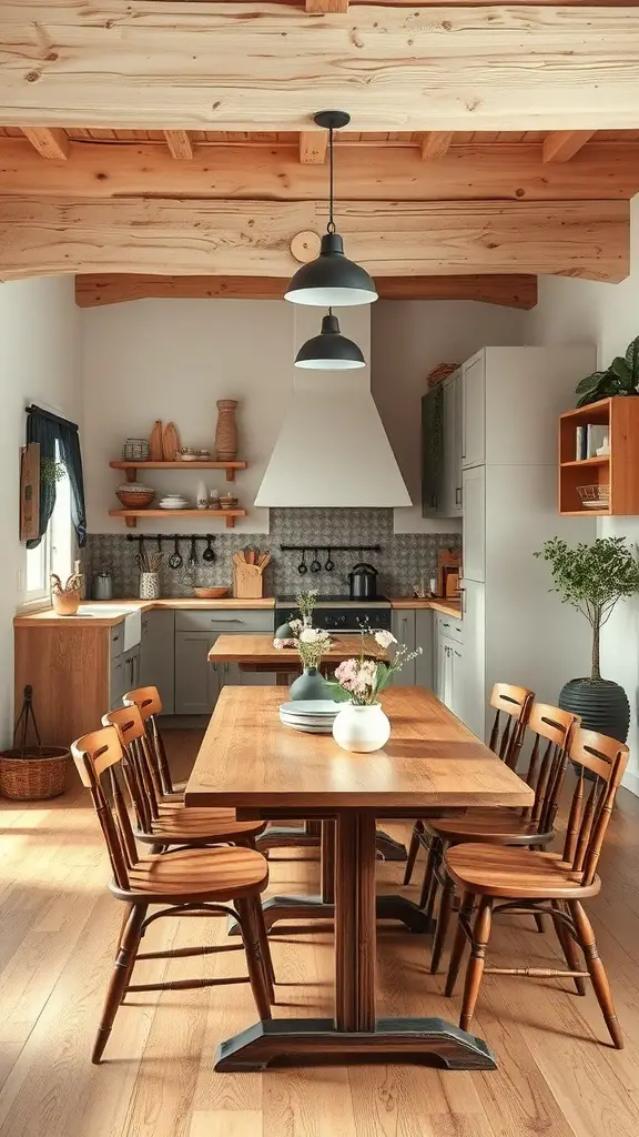 A rustic dining area featuring a wooden table and chairs, with warm lighting and natural wood beams.