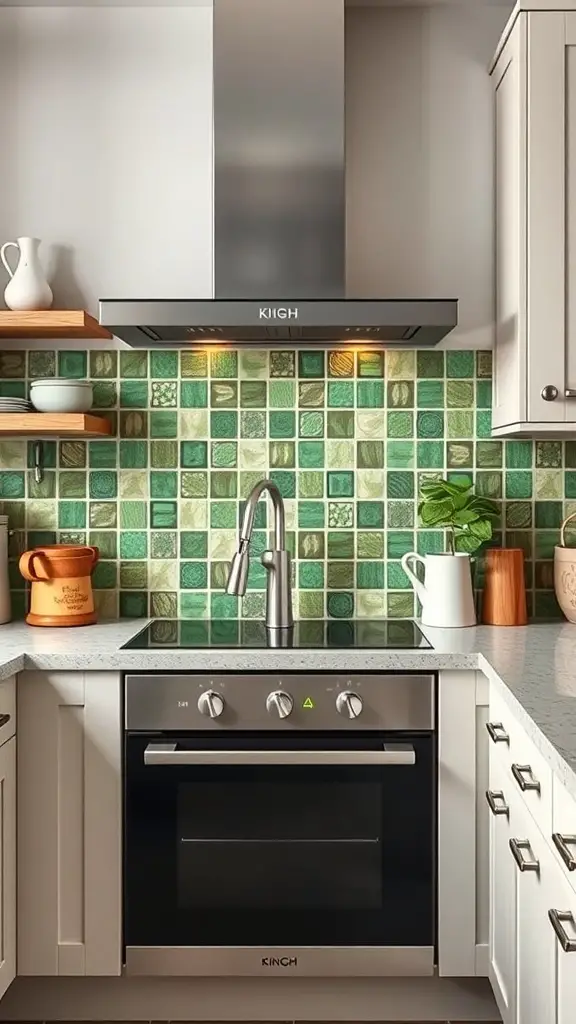 A kitchen with a green and brown tiled backsplash, modern appliances, and wooden shelves.