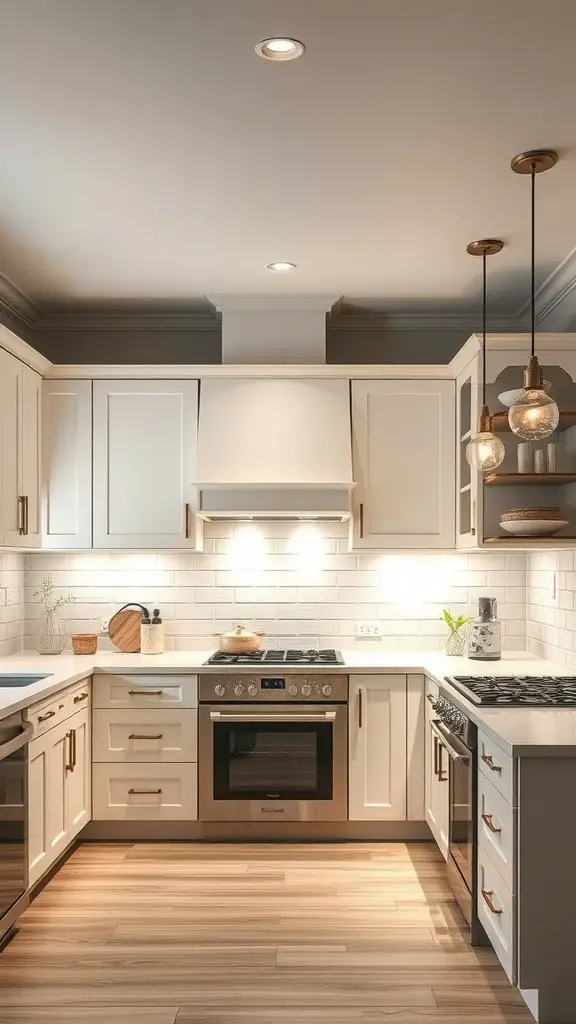 A modern kitchen featuring off white cabinets with various lighting options.