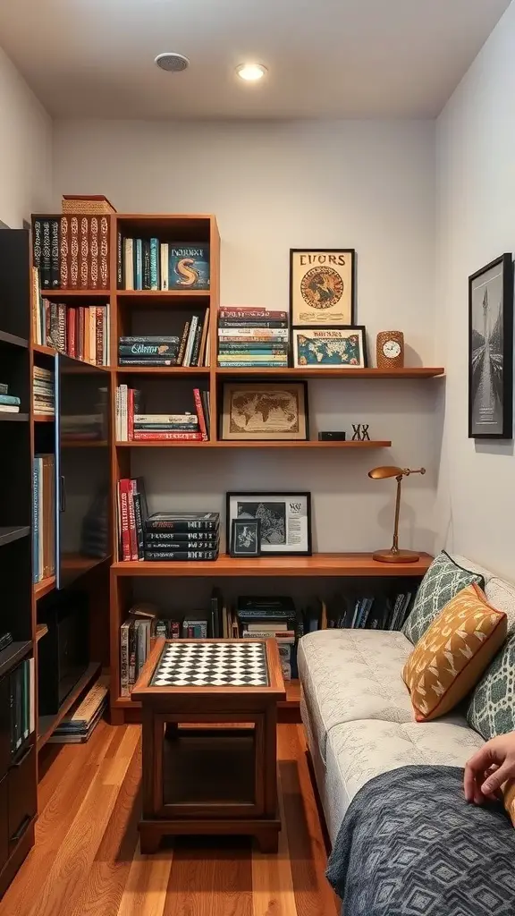 Cozy nook with wooden shelves filled with books and board games, featuring a compact table and a comfortable sofa.