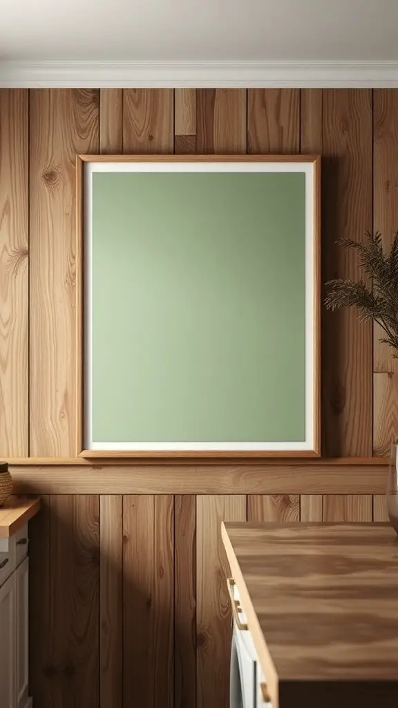 Sage green wall art framed on wooden wall in a kitchen