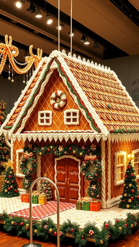 A large gingerbread house replica decorated with icing, candy, and festive ornaments.
